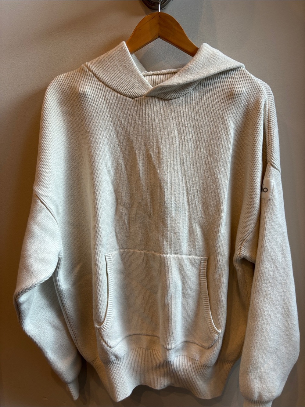 Alo Oversized Cream Hooded Ribbed Sweater